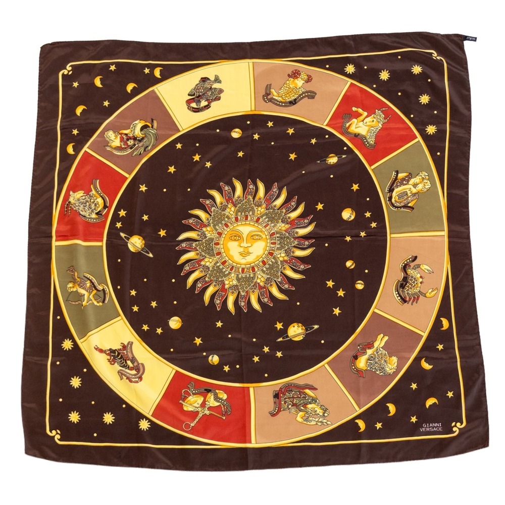 Vintage Gianni Versace Silk Scarf Zodiac Astrology Sun Moon Stars Brown Gold 34"